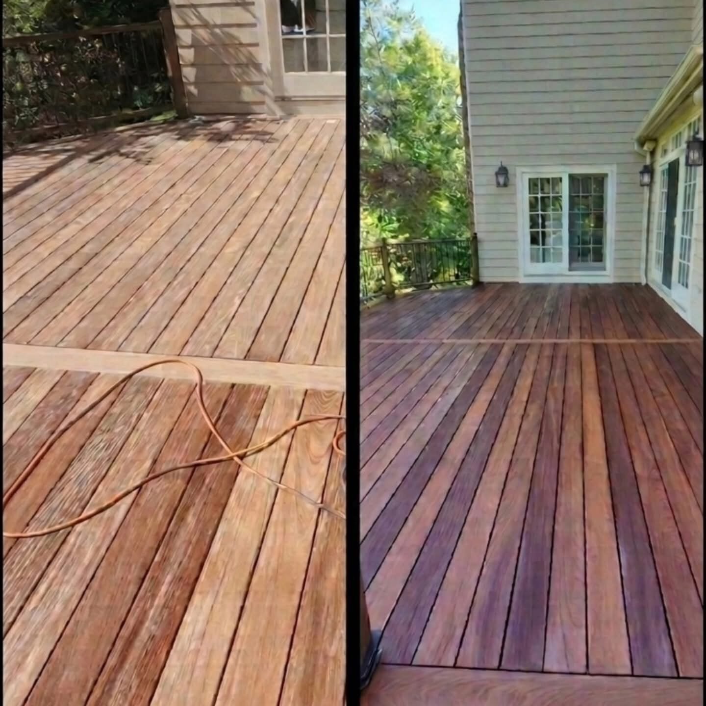 Before and after of a backyard deck restained from weathered to rich brown in Darien CT
